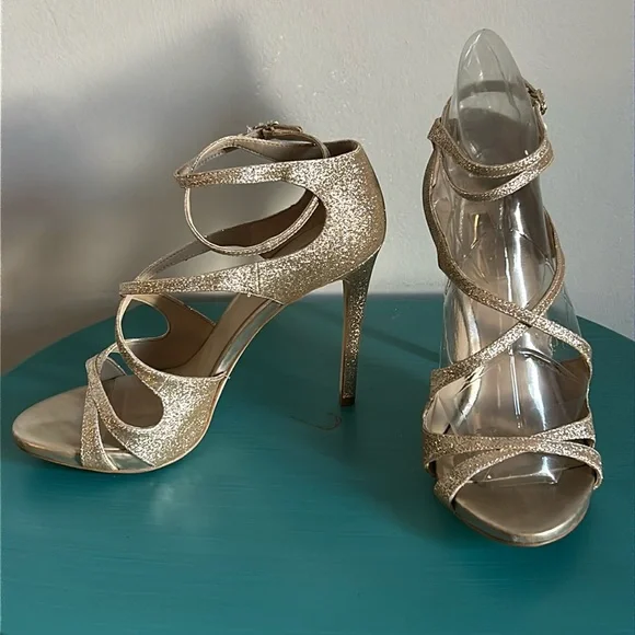 Guess Women’s Gold Glitter Strappy 4 1/2” Stiletto Formal Heels Prom Ready - Picture 2 of 13